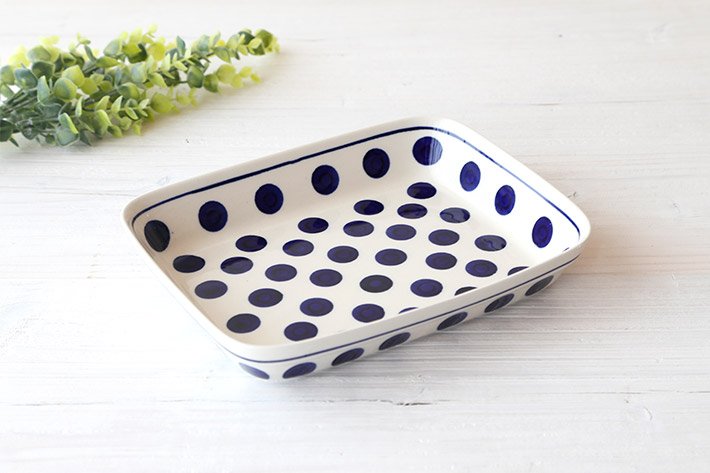 Polish Pottery - ポーリッシュポタリー　大きなグラタン皿　スクエアプレート　オーブンウェア　ドット オーブン皿・スクエア(大)ポーリッシュポタリー(ポーランド食器)